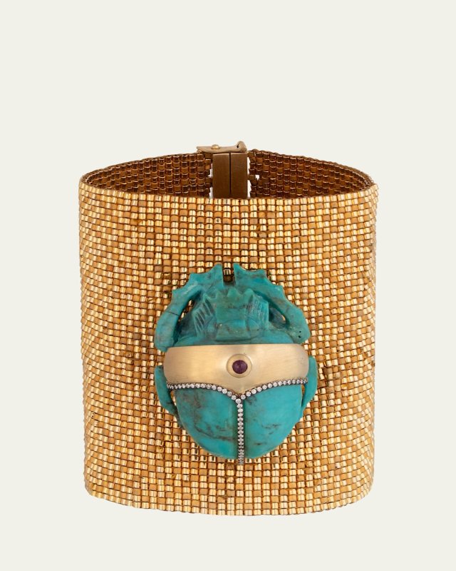 18K Yellow Gold Beaded Bracelet with Turquoise Scarab